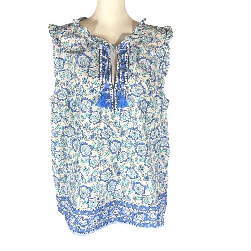 Talbots Sleeveless Blouse Women 2X Blue Floral Tassel Tie Ruffle Cotton Top